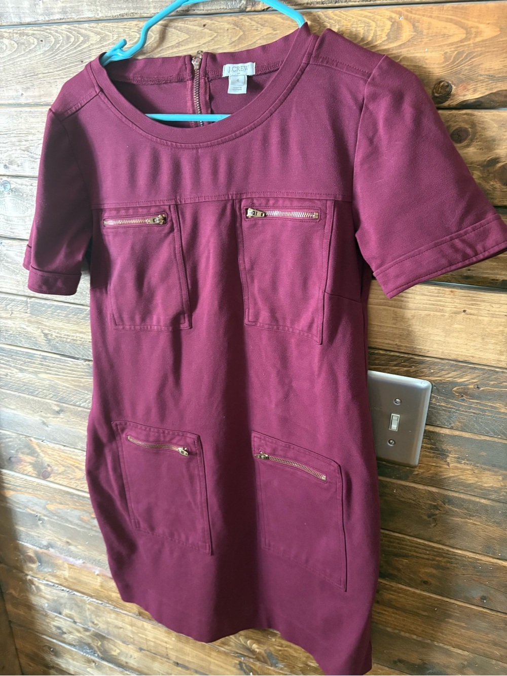 J. Crew Burgundy Ponte Short Sleeve Dress with Gold Zip Pockets size 4